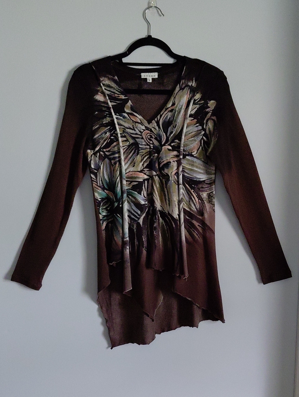 Y2K Brown Abstract Floral Draping Long Sleeve Top Asymmetrical Handkerchief Hem